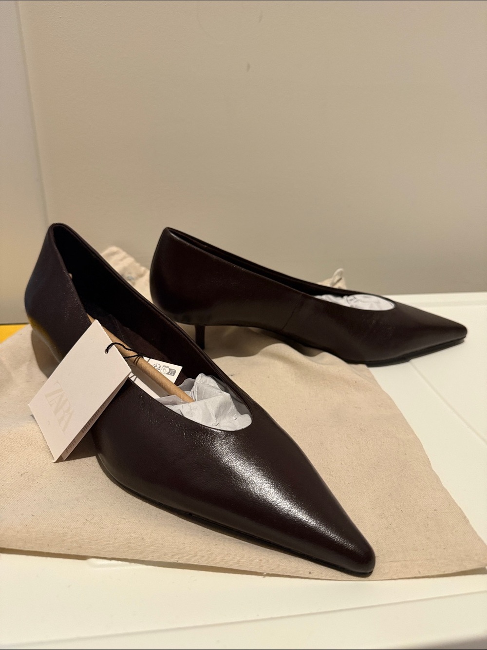 Zara Pointed Low Heel Pumps in Dark Brown Leather